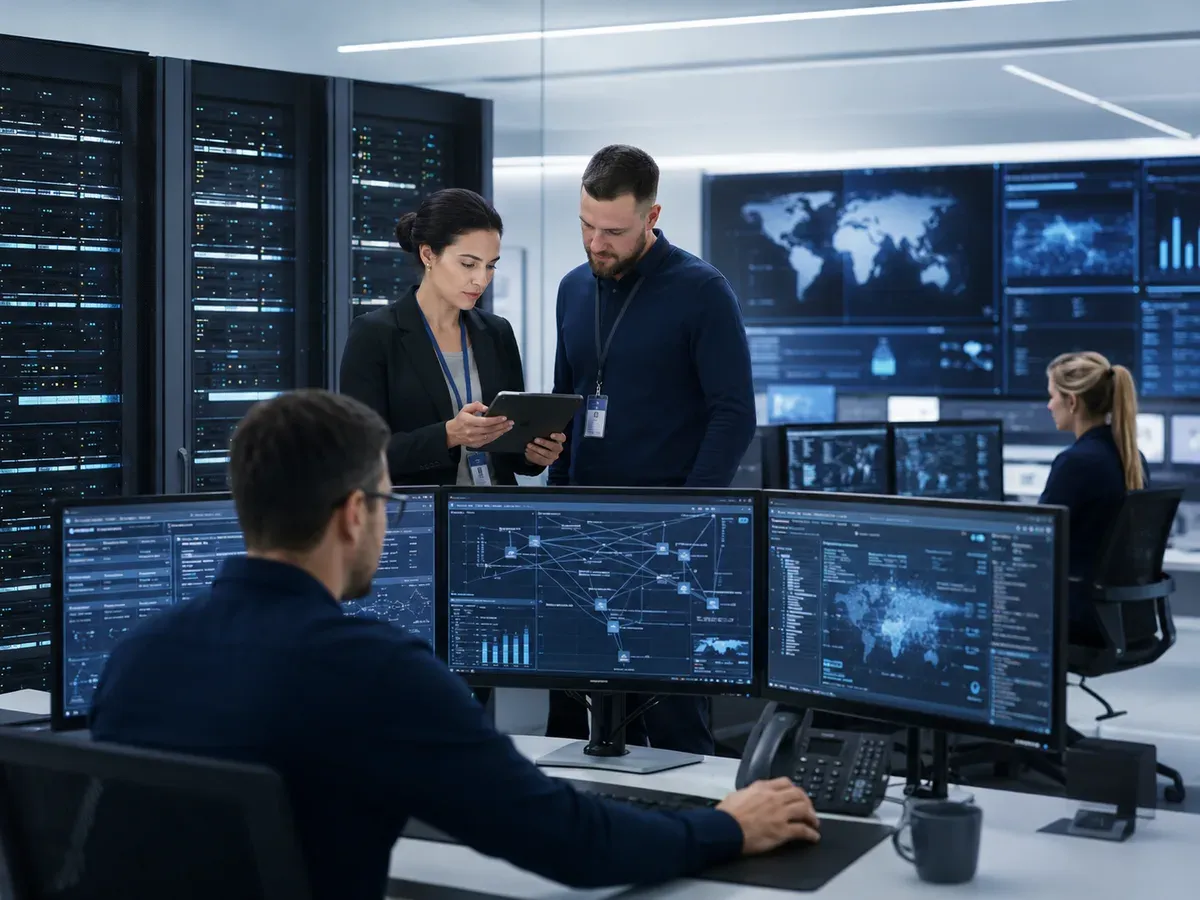 Network operations team monitoring systems in a modern operations center