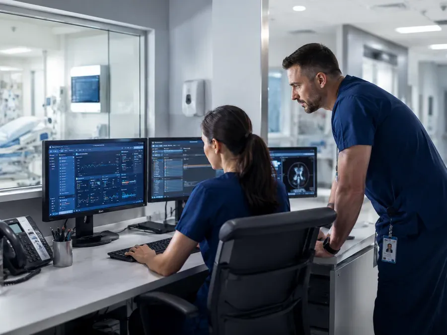 Clinical staff reviewing systems in a healthcare environment