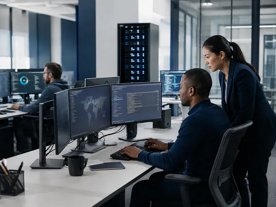 IT specialists working at multi-monitor workstations