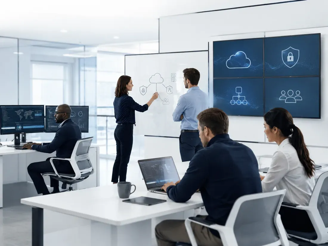 Cloud team planning architecture at a whiteboard with cloud and security displays