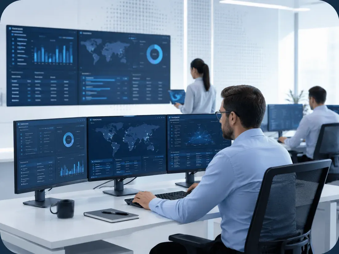Security analysts monitoring dashboards in a cybersecurity operations center