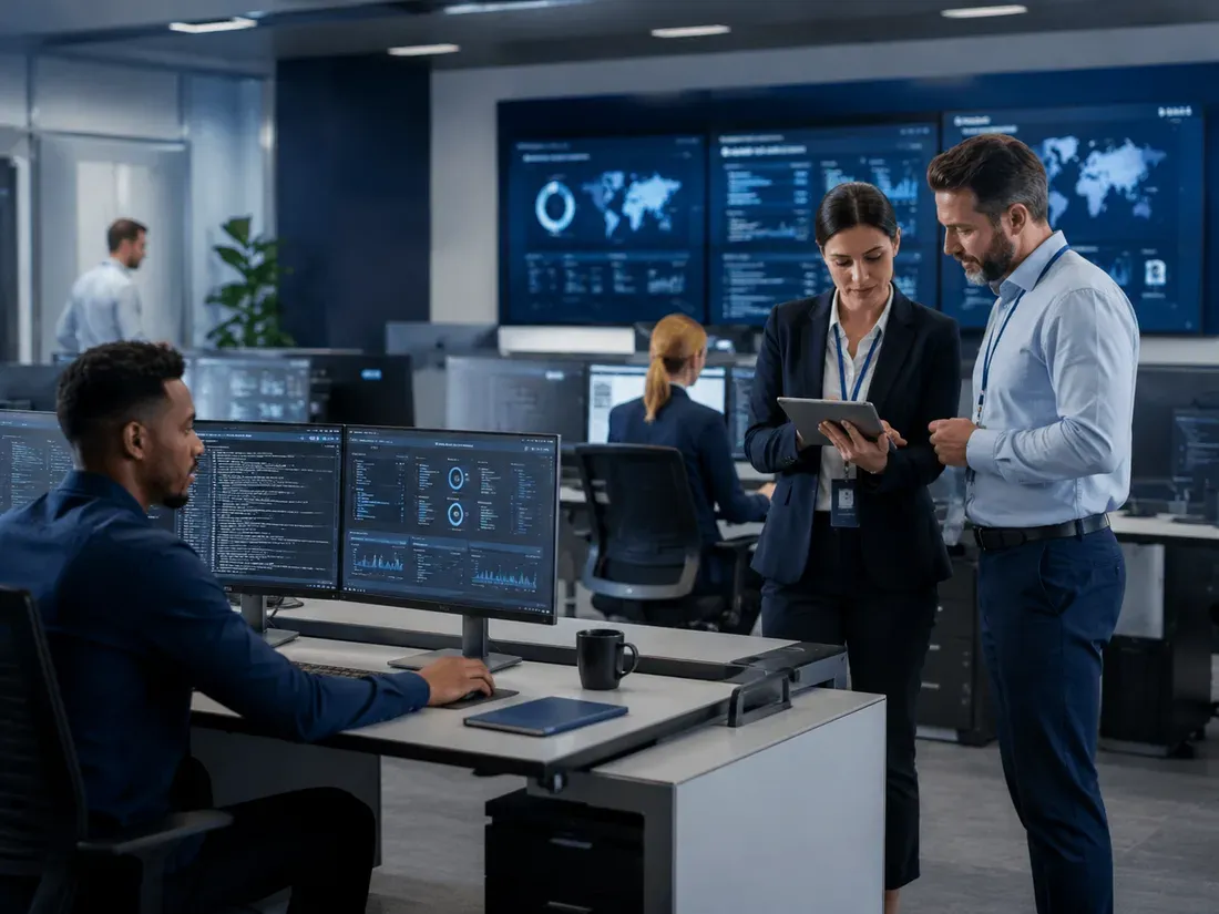 IT support team reviewing systems together in an operations room